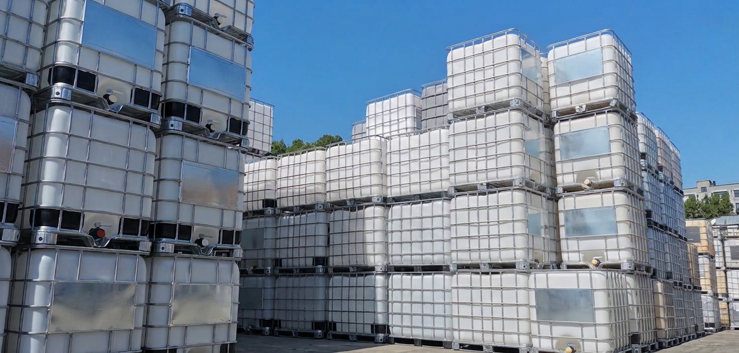 Contenedores IBC apilados en el patio de BV360